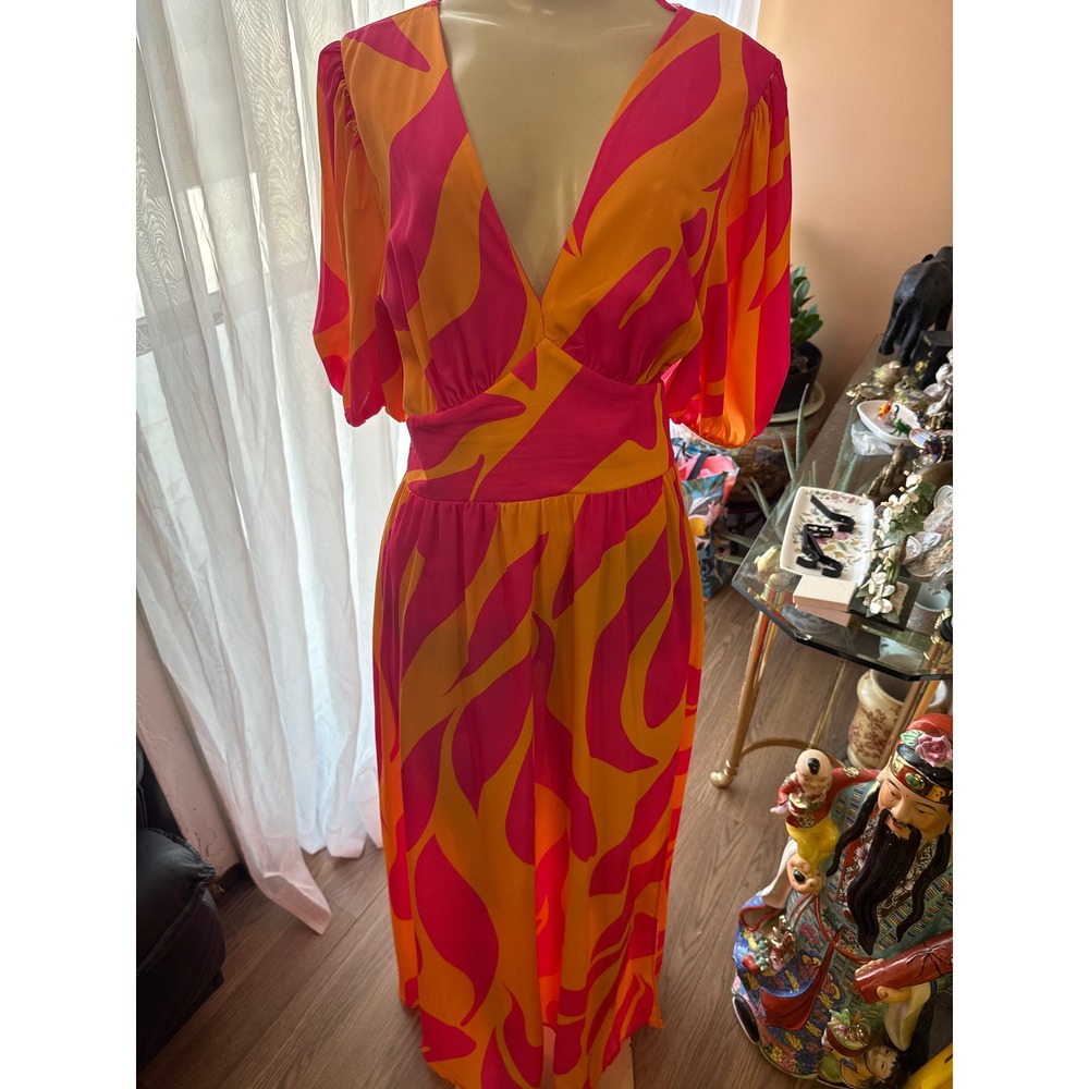 Flying Tomato Pink Orange Abstract Print V-Neck Maxi Dress Short Puff Sleeve L